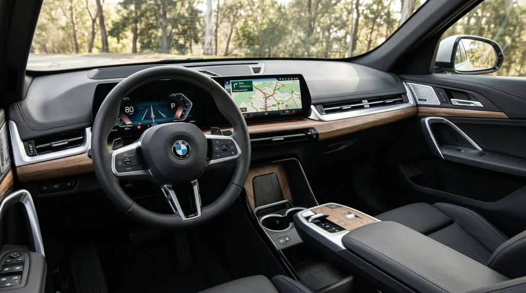 The modern interior dashboard and curved glass touchscreen of the 2024 BMW X1