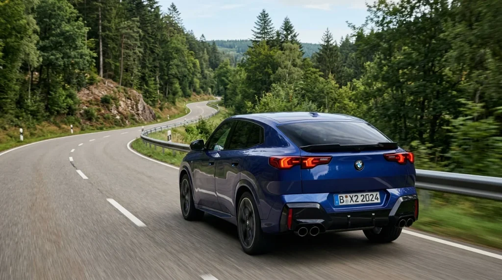 Rear angle of a 2024 BMW X2 showing the sloping coupe-SUV roofline and taillights
