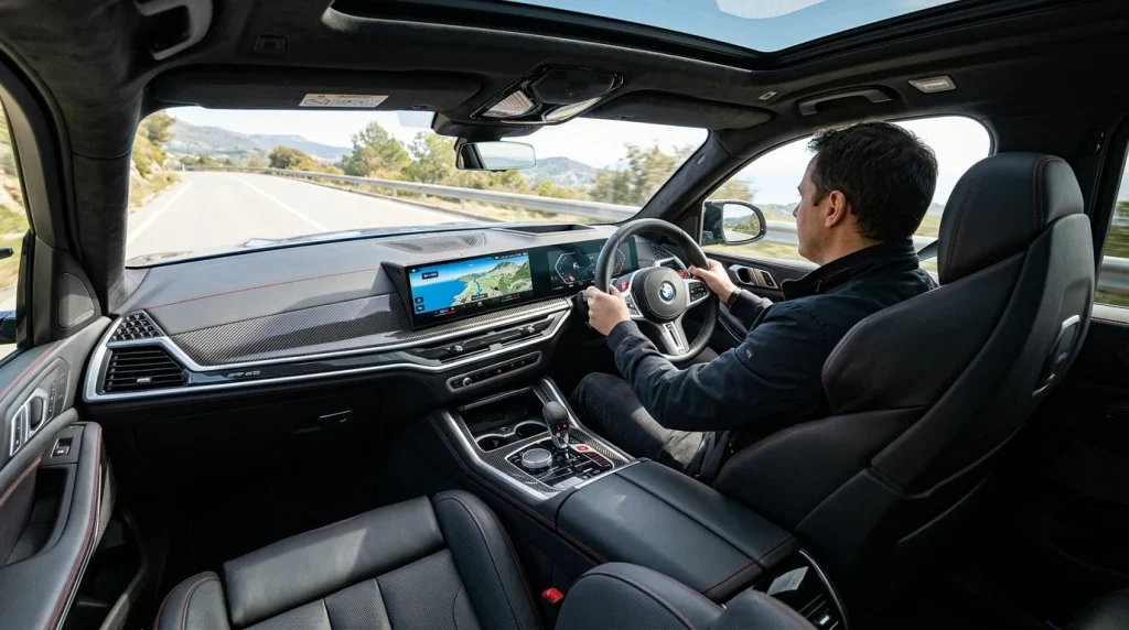 The front cabin of a luxury sports SUV featuring carbon fiber accents, leather sport seats, and dual digital screens.