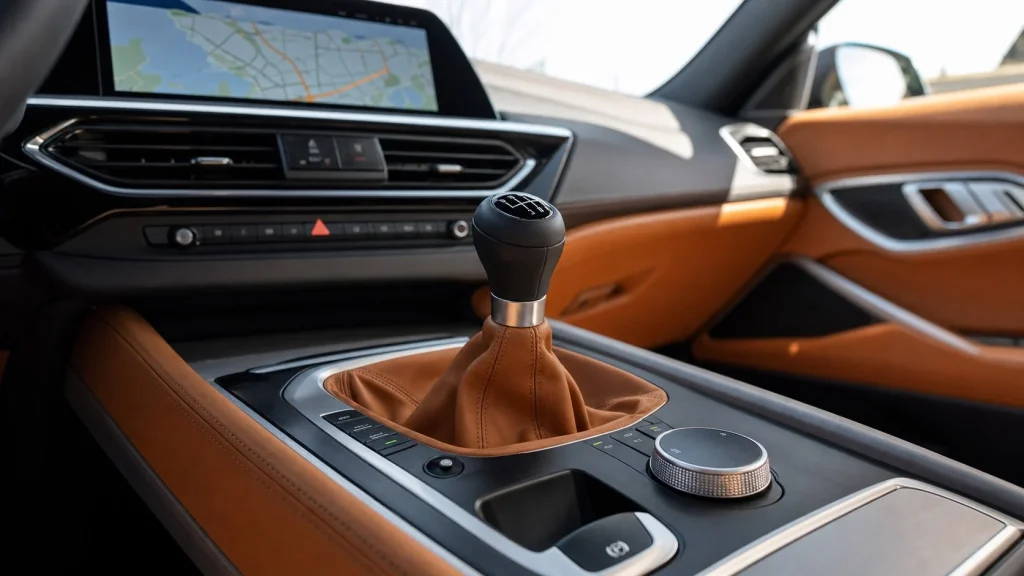 Interior center console of the 2024 BMW Z4 M40i showing the six-speed manual shift lever and cognac leather details