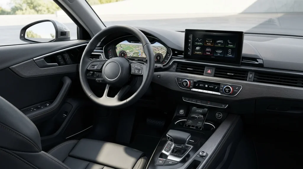 Inside the 2025 Audi A4 cabin showcasing the Virtual Cockpit and remote start smartphone interface.