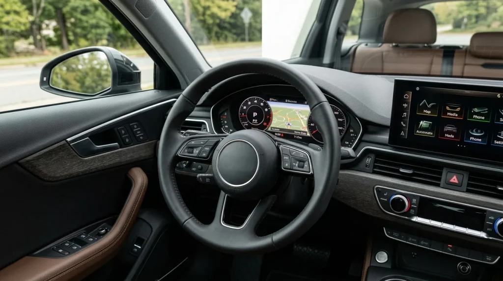 2025 Audi A4 Allroad Review: Price, Specs, and Final Year Changes 5 The modern leather-wrapped steering wheel and digital dashboard displays of a B9.5 generation wagon.
