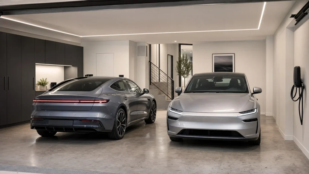 2025 Audi A6 e tron Review: Specs, Trims, and 395-Mile Range 7 A gray Audi A6 e-tron and a silver BMW i5 parked next to each other in a garage