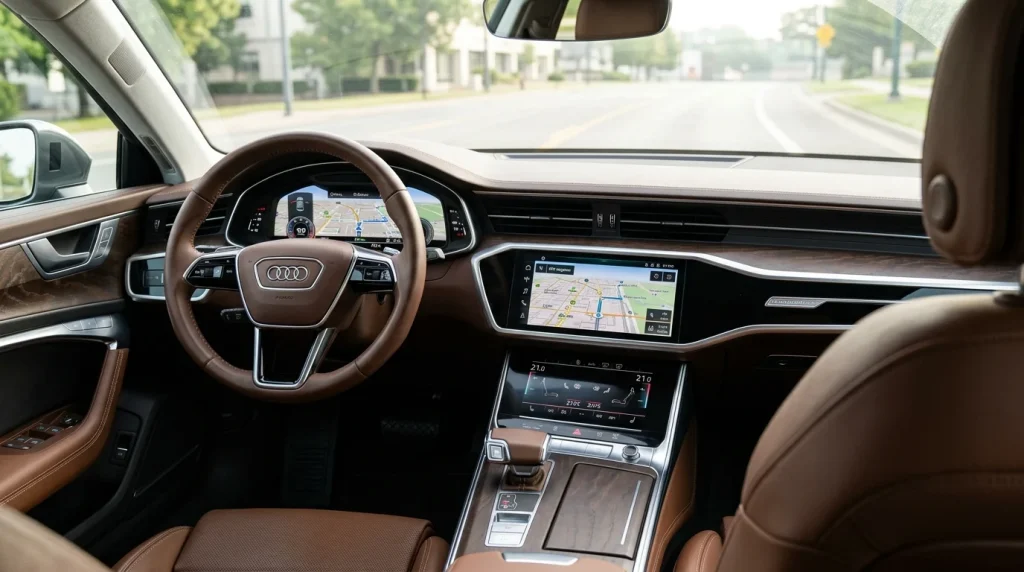 The modern dual-screen dashboard and leather interior of a luxury Sportback.