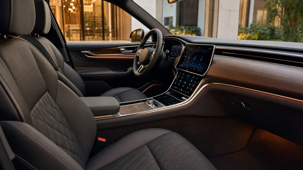 The premium leather interior and touchscreen dashboard of the 2025 Audi S8
