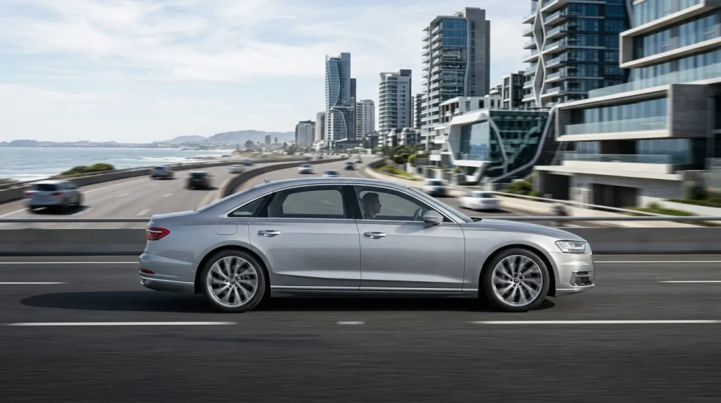 Side profile of the 2025 Audi A8 L driving on a highway