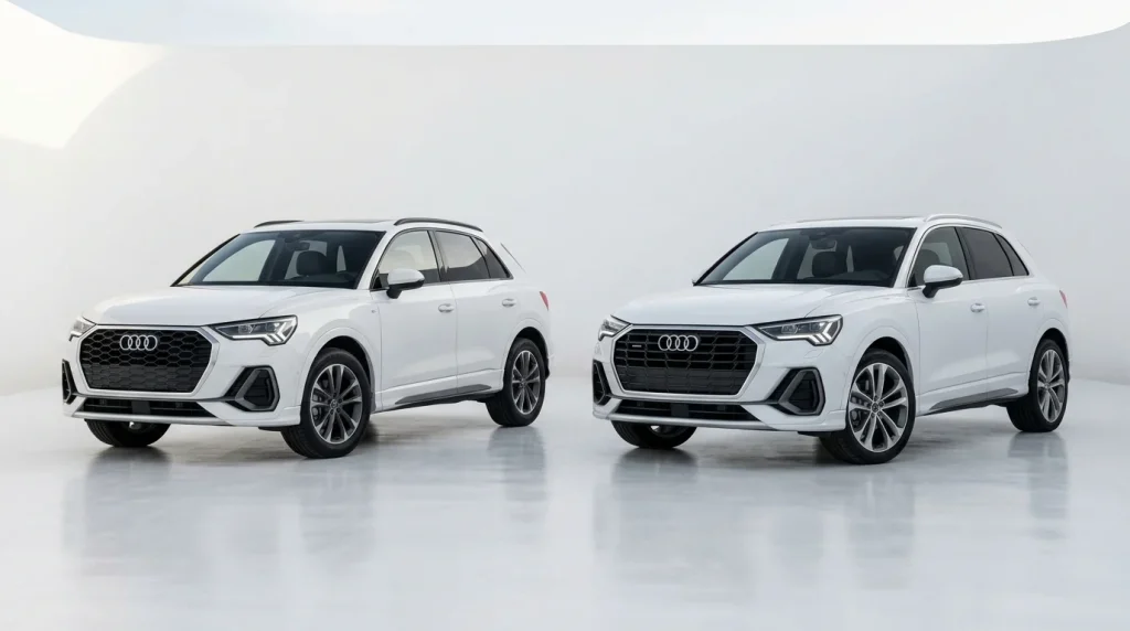 2025 Audi Q3 Review: Price, Specs, and Should You Wait for 2026? 5 Studio comparison showing the design differences between the 2025 Audi Q3 and the 2026 Audi Q3