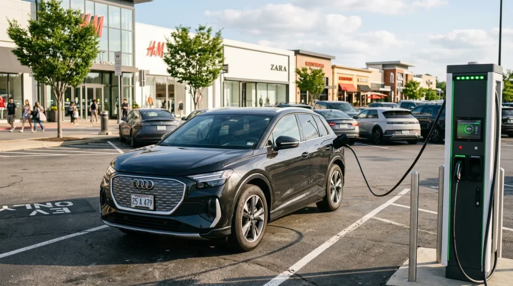 2025 Audi Q4 e tron Review: Price, Range, and Specs 4 A compact electric SUV charging at a fast charging station.