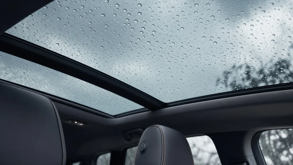 A close-up of a luxury panoramic sunroof with rain droplets.