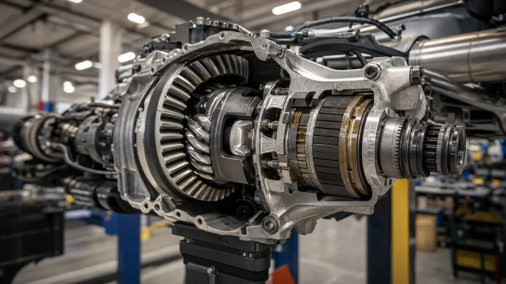 The rear torque splitter differential mechanical components of a performance vehicle.