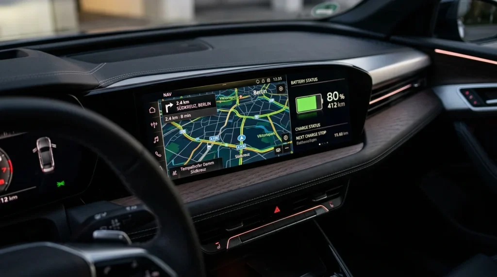 The curved OLED display dashboard inside the 2025 Audi S6 e-tron.