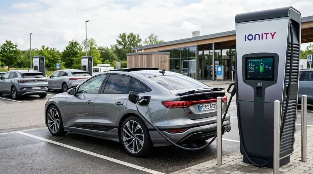The 2025 Audi S6 e-tron connected to a DC fast charger at a station.