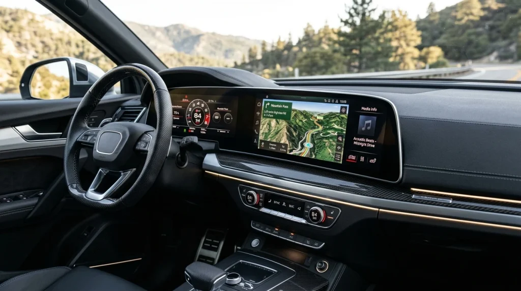 Curved Digital Stage cockpit screens inside the cabin of the 2025 Audi SQ5.