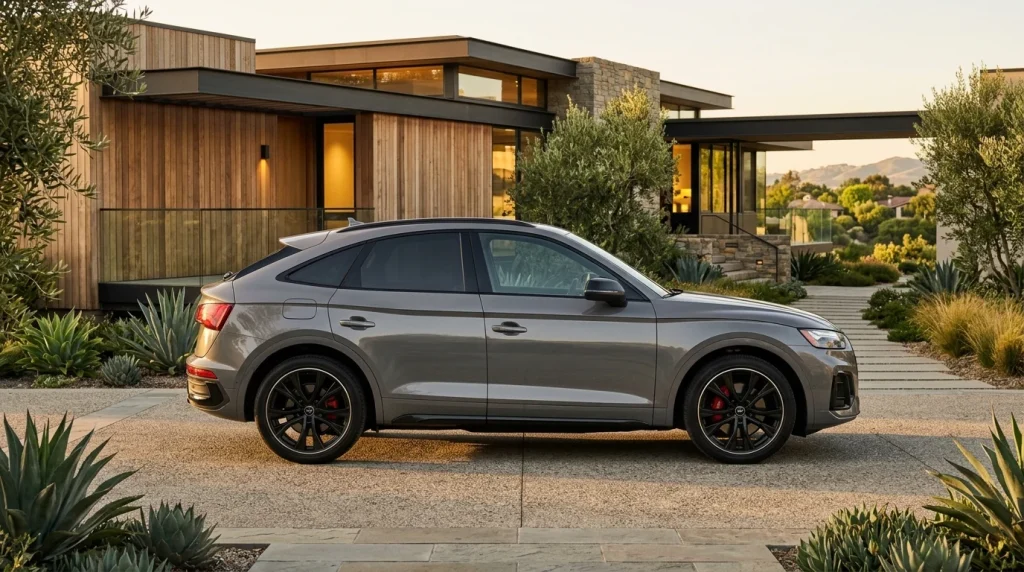 2025 Audi SQ5 Sportback in Daytona Grey pearl parked outside a modern house.