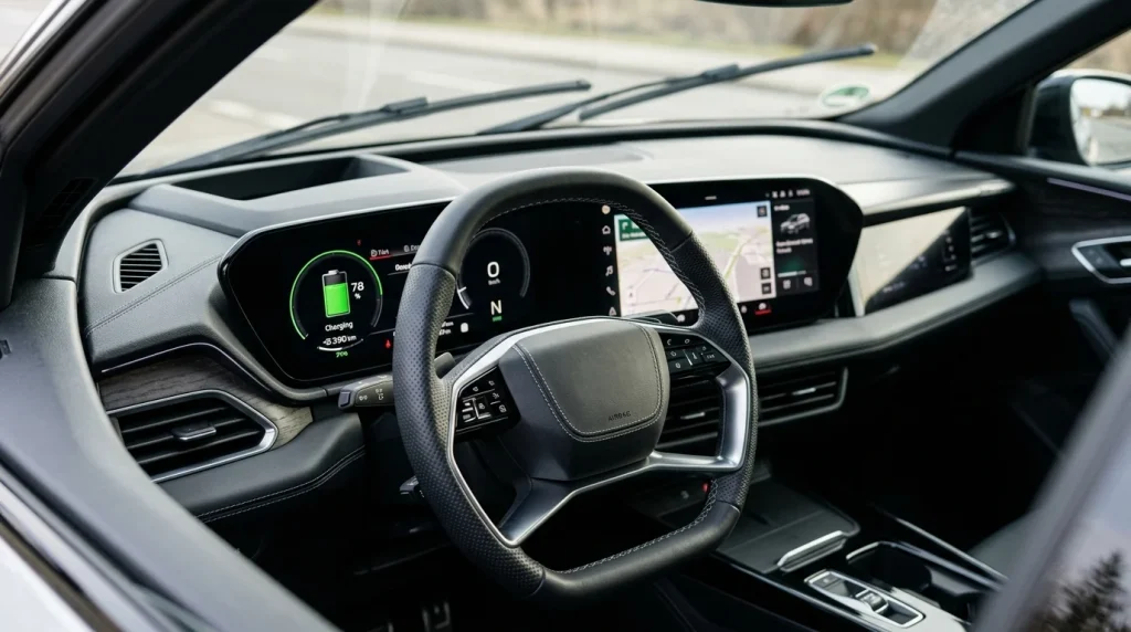 The high-tech digital cockpit and curved dashboard display of the 2025 Audi SQ6 e-tron.