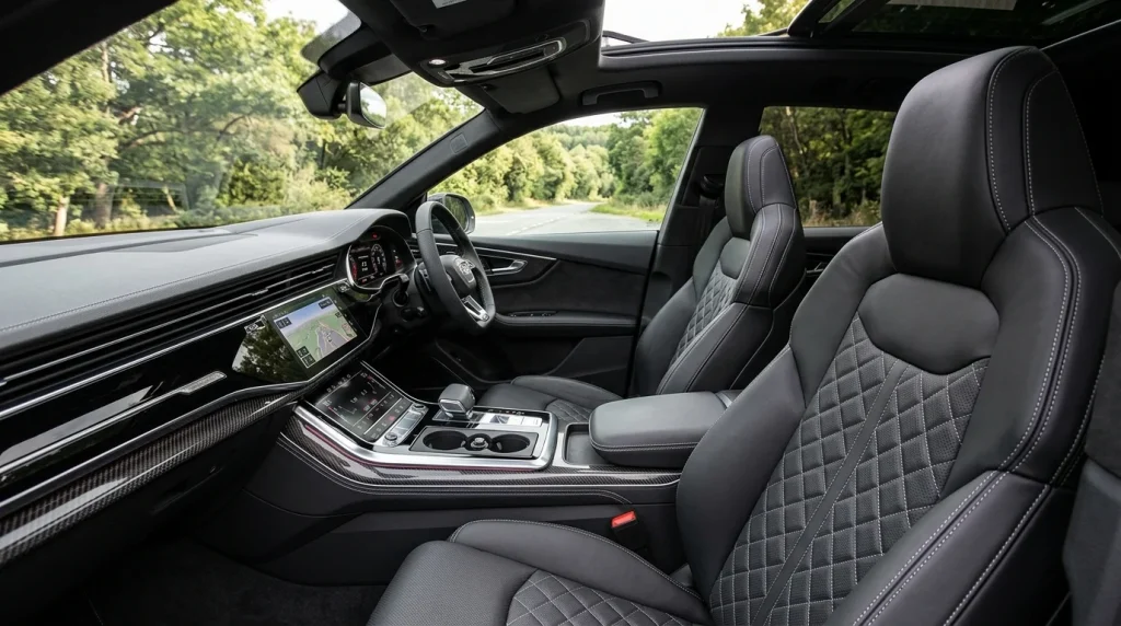 Luxury interior cabin of the Audi SQ8 performance SUV with carbon fiber trim