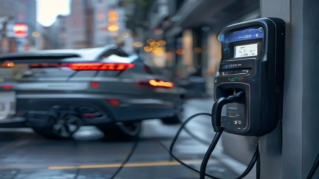 The 2025 Audi SQ8 e-tron charging at a high-speed public DC charging station.