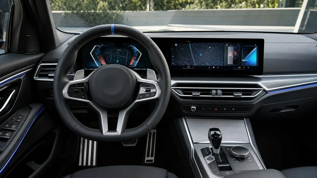 Close-up of the curved display showing the digital instrument cluster and infotainment touchscreen.