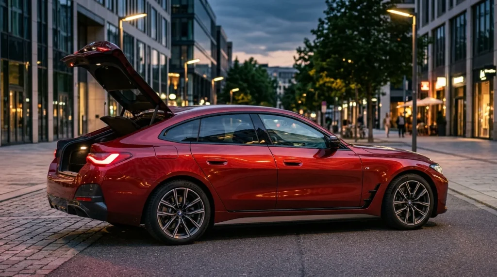 2025 BMW 4 Series Gran Coupe Review: Prices, Specs, and Practicality 3 Side profile of a red fastback showing its fully opened hatchback liftgate at dusk