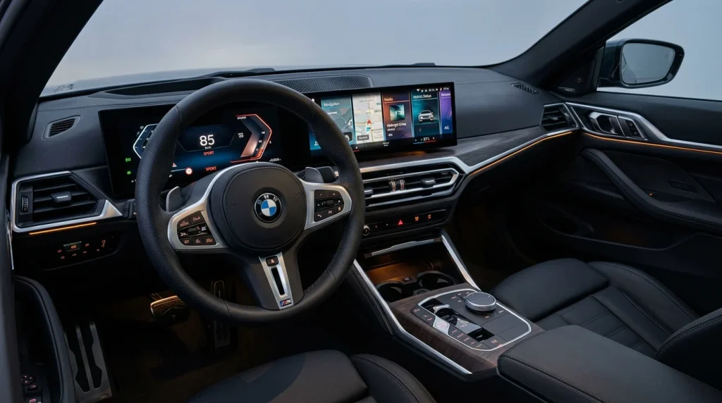 2025 BMW 4 Series Gran Coupe Review: Prices, Specs, and Practicality 2 Close-up of the modern digital display and flat-bottom steering wheel inside the luxury cabin