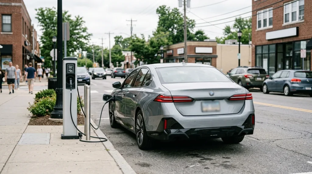 Rear view of the 2025 BMW 550e xDrive plug-in hybrid charging at a street station.