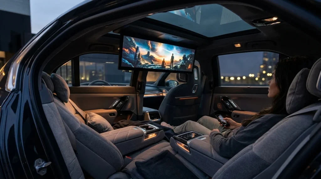 Rear seat entertainment with deployed 31.3-inch Theater Screen in the 2025 BMW 7 Series.