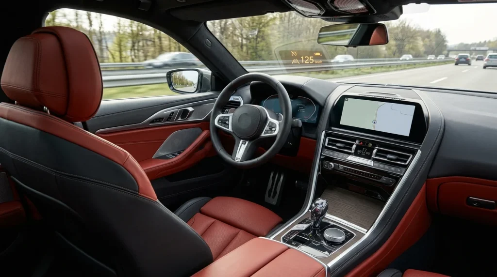 The premium interior cabin and digital dashboard controls of the 2025 BMW 8 Series.