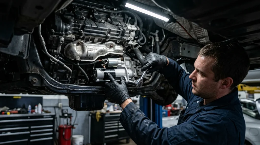 A mechanic replacing the starter motor assembly in a modern vehicle engine bay.