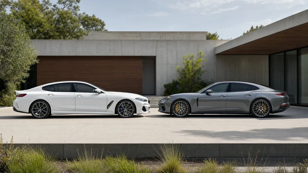2025 BMW 8 Series Gran Coupe Review: Price, Specs & Math 5 Side profile comparison of a 2025 BMW 8 Series Gran Coupe and a Porsche Panamera.