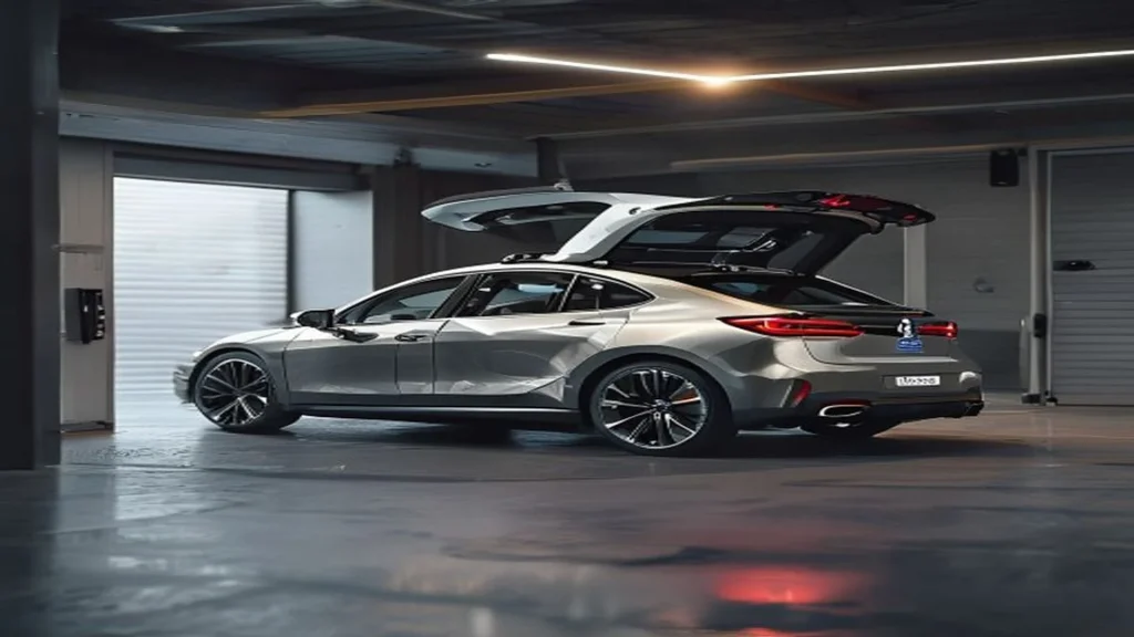 Rear view of the 2025 BMW i4 with the hatchback liftgate open showing cargo storage utility.