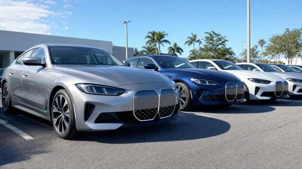 New 2025 BMW i4 inventory lined up at a dealership lot in the United States.
