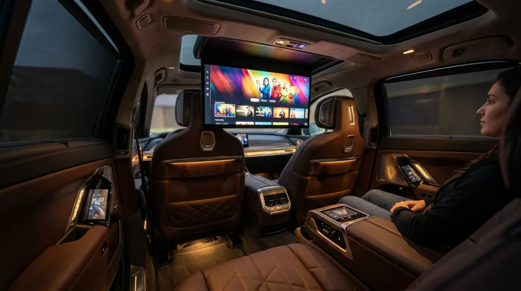 The 31.3-inch premium screen deployed in the rear cabin of the electric luxury sedan.