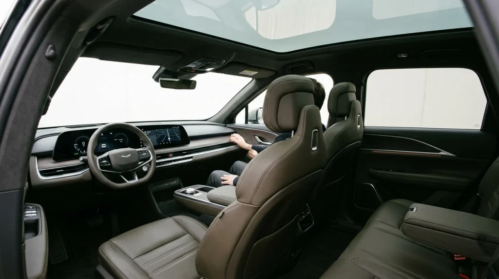2025 BMW iX Review: Price, Range, Performance 5 Tech-forward interior cabin of the 2025 BMW iX showing the curved touchscreen display and leather seats.