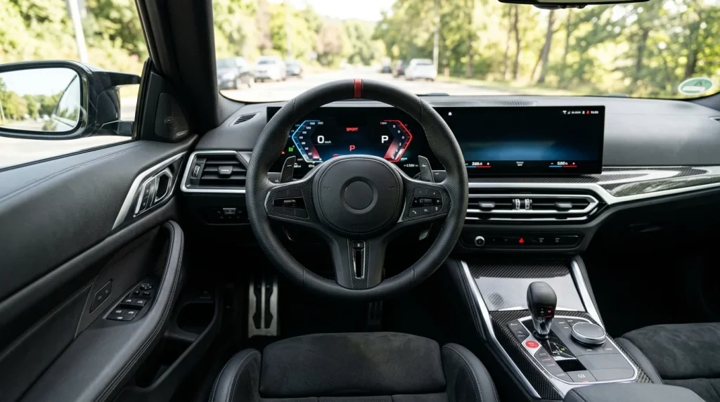 Interior cockpit view of the compact sports coupe showing the curved display screens and flat-bottom steering wheel.
