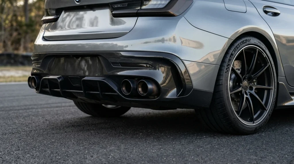 Close-up of the black quad exhaust tailpipes and rear diffuser on the metallic grey performance car.