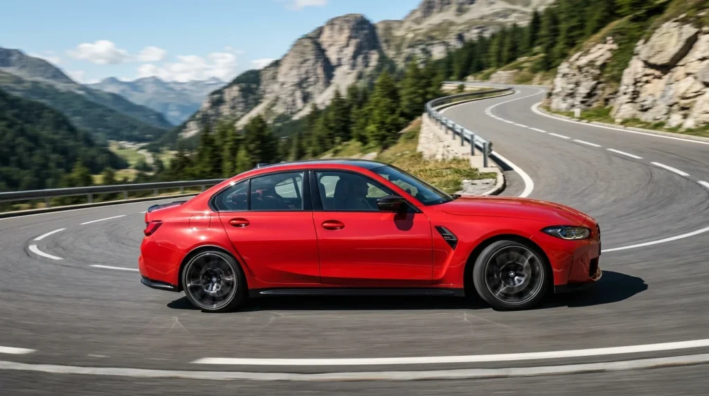 2025 BMW M3 Review: Price, Range, Performance 2 A red 2025 BMW M3 Competition xDrive sport sedan cornering on a scenic mountain highway.
