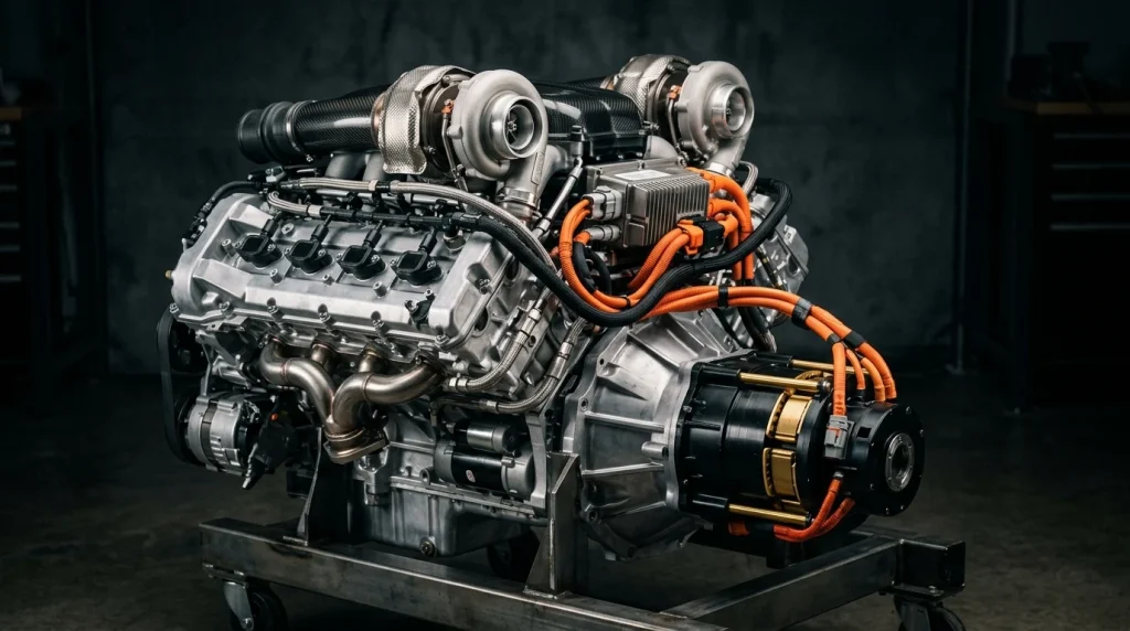 A detailed view of the twin-turbocharged hybrid V8 engine assembly of the G90 generation.