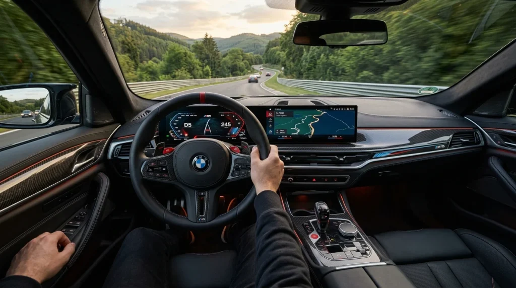 The modern interior dashboard featuring curved display screens and a sport steering wheel.