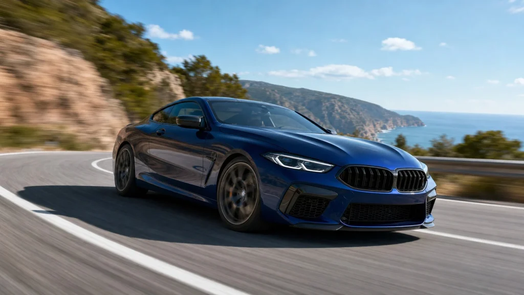 A high-performance luxury sports car driving fast on a scenic coastal highway.