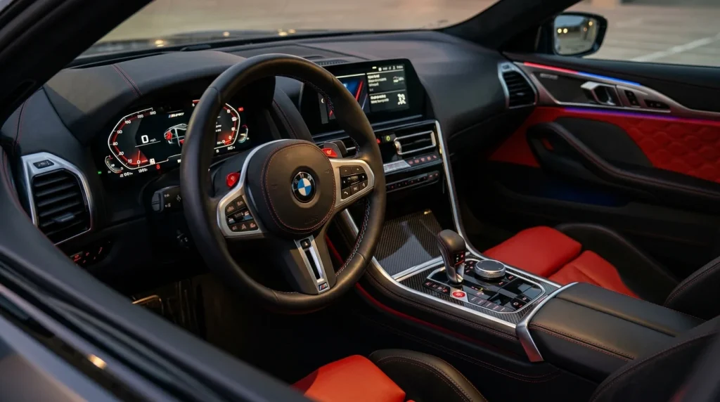 Close-up view of the premium leather seats, carbon-fiber console, and dashboard in a modern vehicle.