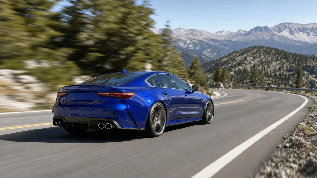 2025 BMW M8 Gran Coupe Review: Price, Specs & Performance 2 A luxury V8 fastback sedan cornering dynamically on a mountain road.