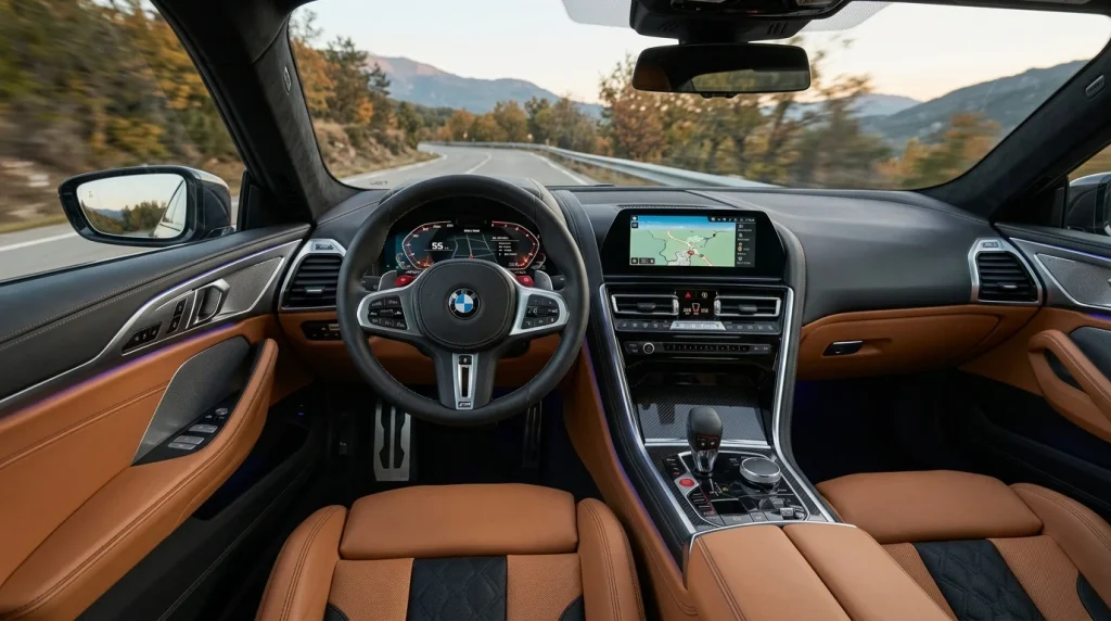 2025 BMW M8 Gran Coupe Review: Price, Specs & Performance 3 The premium modern interior cabin of a luxury sport sedan showing digital displays and leather seats.