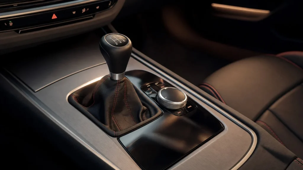 Detail view of the six-speed manual shifter inside the Z4 M40i cabin.