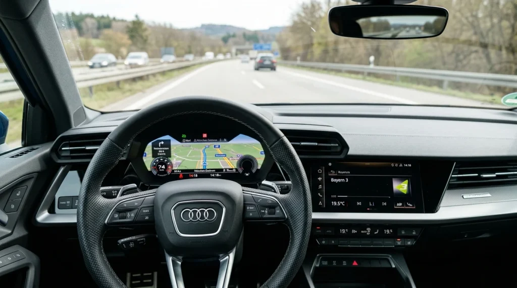 Interior dashboard and digital Virtual Cockpit display of a 2026 Audi A3.