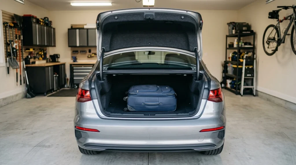 Open trunk of the 2026 Audi A3 showing its compact cargo capacity.