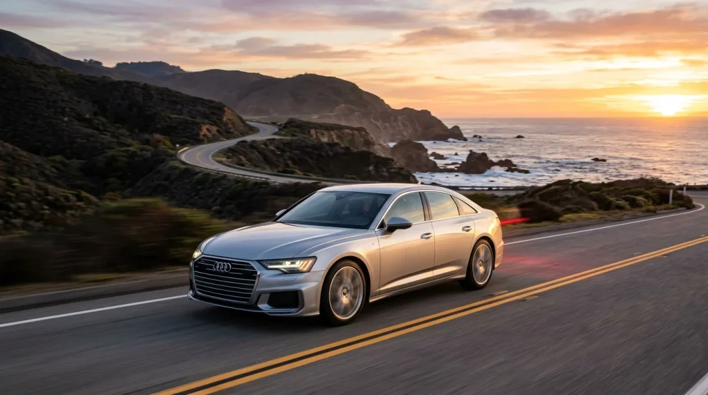 An Audi A6 Sportback e-tron driving along a scenic California highway at sunset.