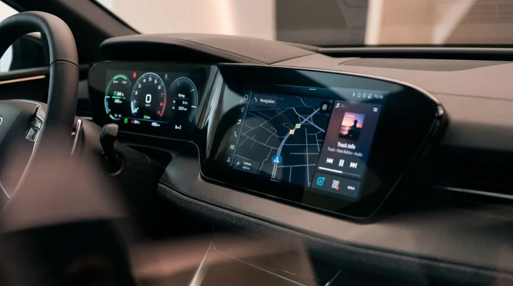 The curved dual-screen dashboard digital stage of the Audi A6 e-tron cabin.