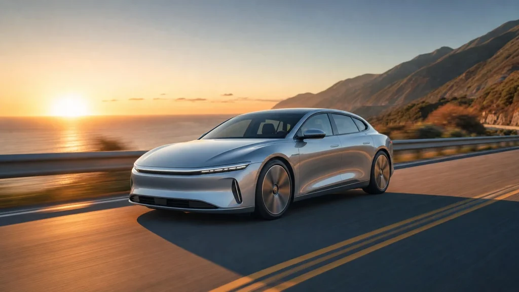 2026 Audi A6 e-tron Review: Pricing, Range, and Electric Specs 4 An Audi A6 Sportback e-tron driving along a scenic California highway at sunset.