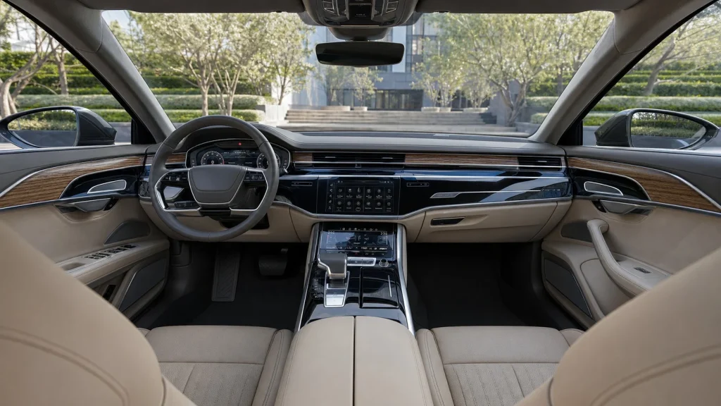 2026 Audi A8 interior dashboard and dual touchscreen infotainment system