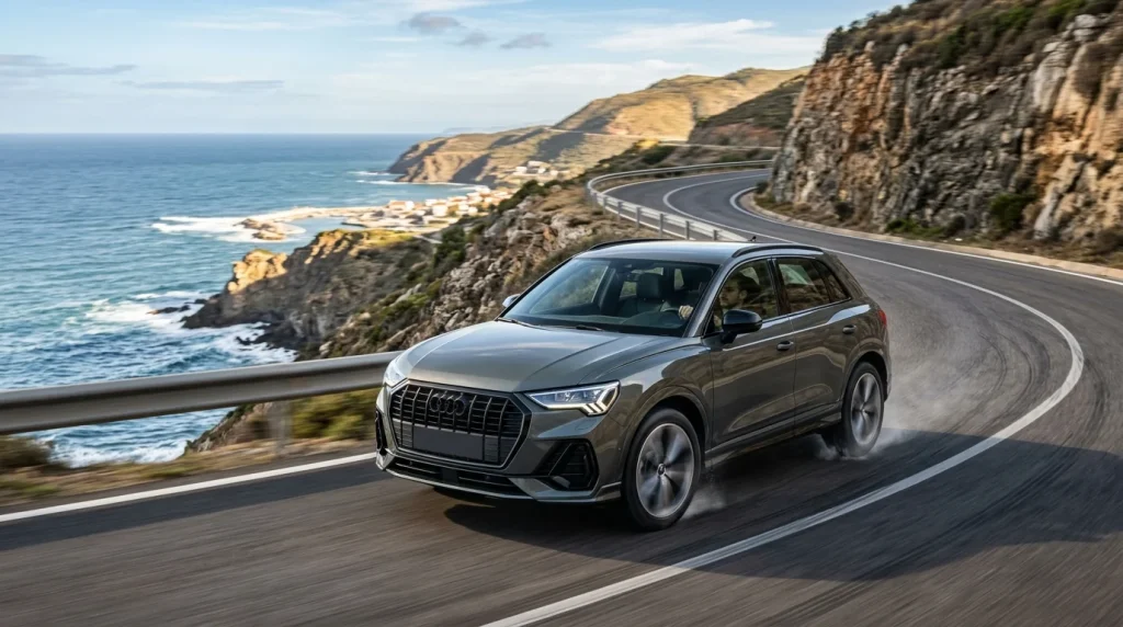 The 2026 Audi Q3 in motion on a scenic road demonstrating its standard quattro all-wheel drive.